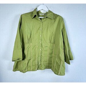 Quizz Woman Button-Up Stretch Cotton Shirt Blouse Top Size 18 Green 3/4 Sleeve
